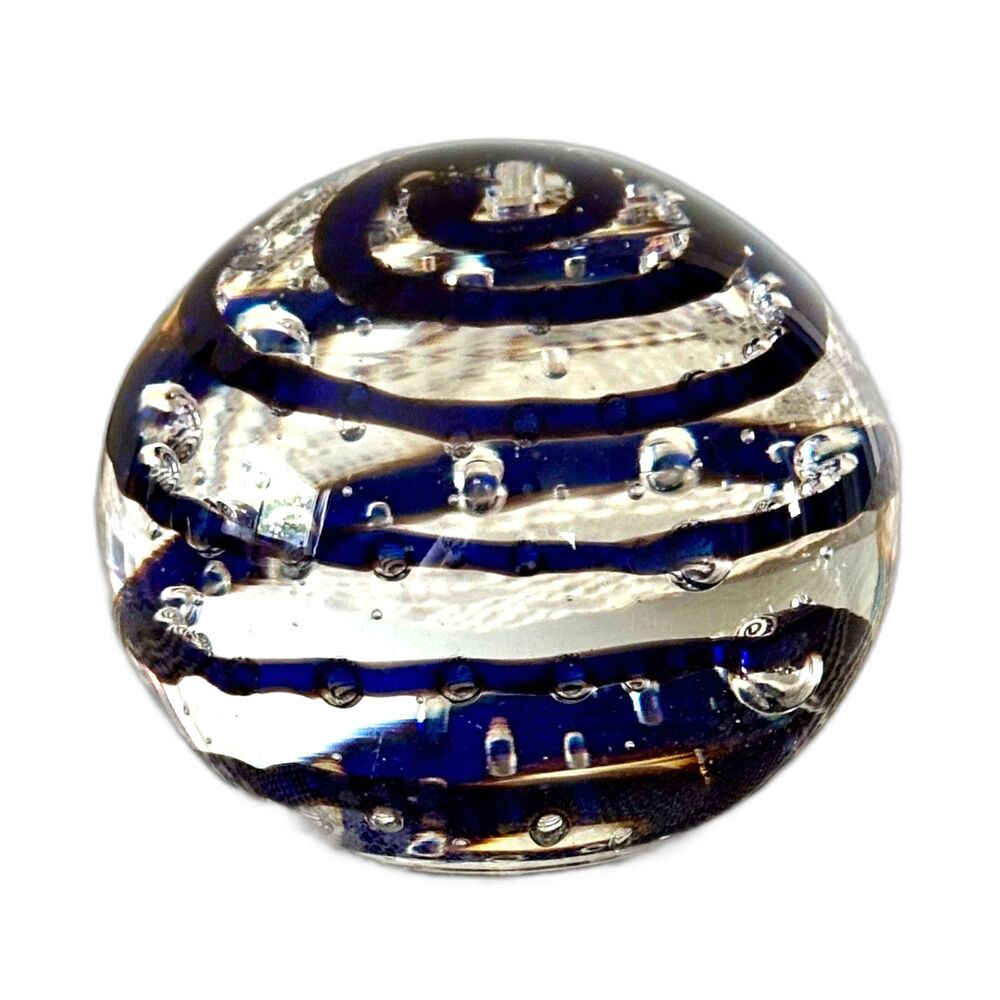 Vintage Hand Blown Art Glass Paperweight Cobalt Blue Spiral Ribbon Controlled Bu